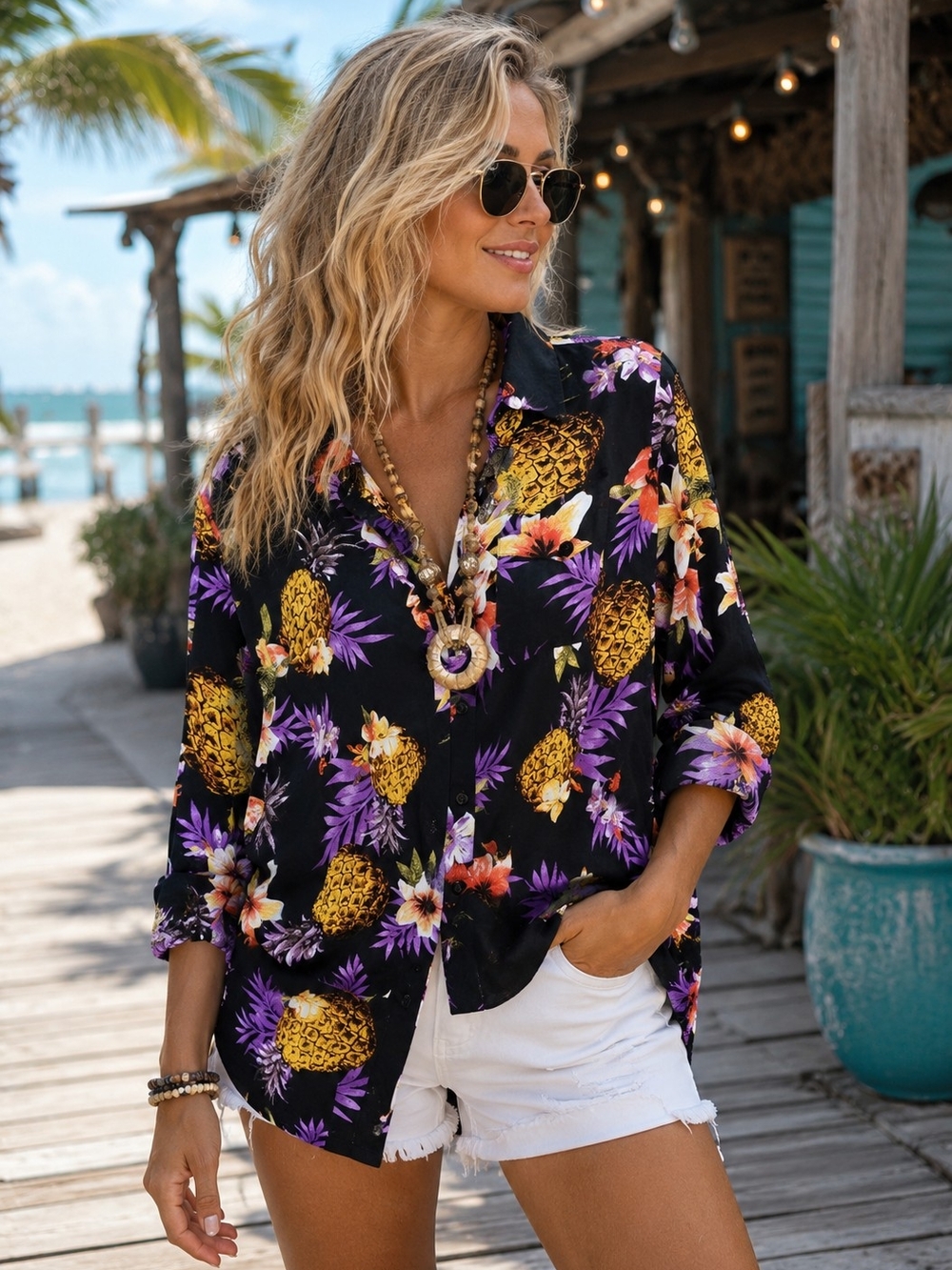Passion Women’s Small Tropical Pineapple Floral Rayon Tie Front Blouse Black